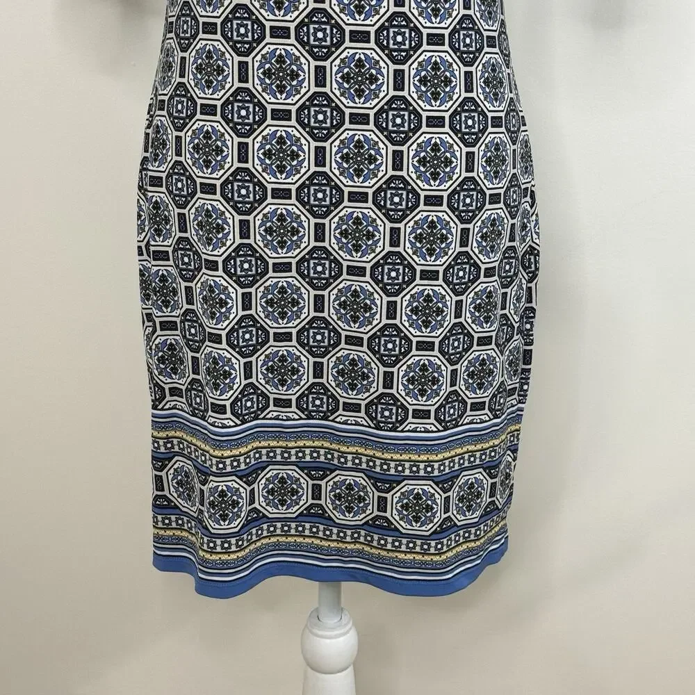 NWT Max Studio Geometric Print Boat Neck Sheath Dress Size S Blue Multi